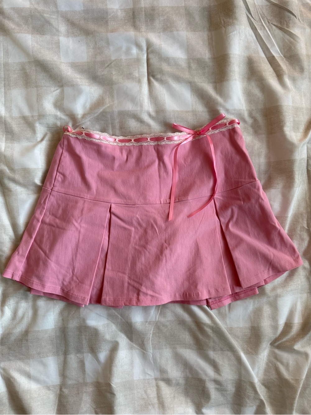 Altar'd State Pink Pleated Mini Skirt with Ribbon Waist